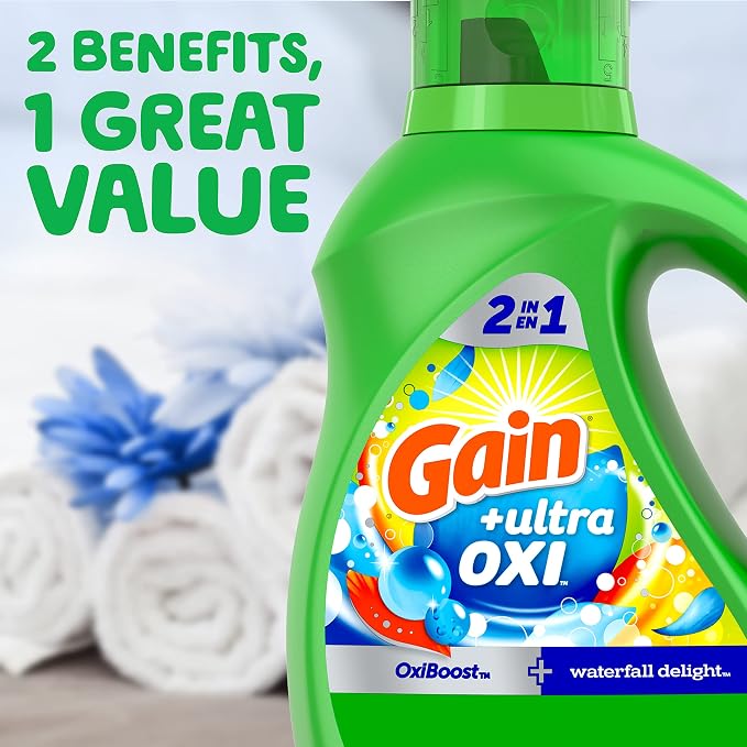 Gain Liquid Laundry Detergent, Waterfall Delight Scent | 107 Loads | Oxi Formula | HE Compatible | 154 fl oz