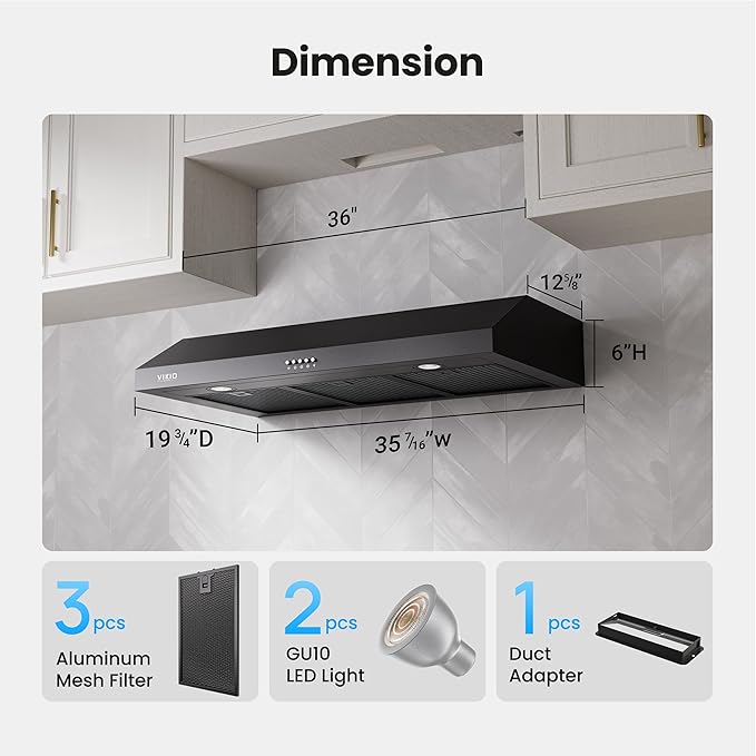 VIKIO HOME Under Cabinet Range Hood 36 Inch, 1200 CFM Dual-Motor Kitchen Vent with LED Lights, Button Control, Ducted Stainless Steel Vent Hood, Reusable 5-Layer Aluminum Filters, Black