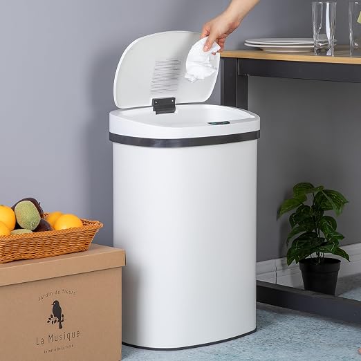24/7 Shop at Home Freeway 13 Gallon Metal Household Trash Can Motion Sensor Lid for Kitchen, White