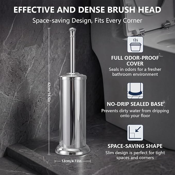 Toilet Brush and Holder Set,304 Stainless Steel Heavy Duty Toilet Brush,Extra Long Handle Toilet Bowl Brush and Holder for Bathroom,Durable,Deep Cleaning,Extra Dense Bristles (Chrome)