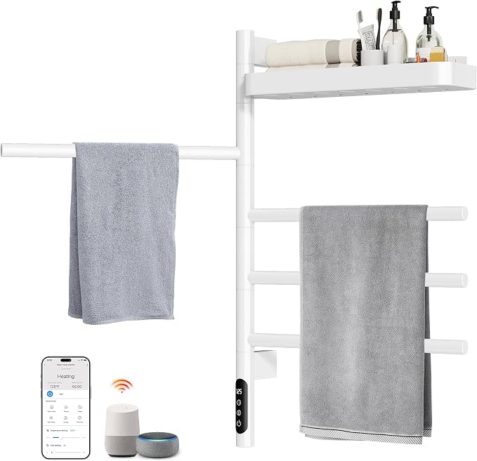 ENZE Smart Rotating Heated Towel Rack for Bathroom, 4-Bar Wall-Mounted Electric Towel Warmer with Swivel Shelf, Wi-Fi App Control, 24H Timer, Stainless Steel, IPX5, Hardwired/Plug-in, White
