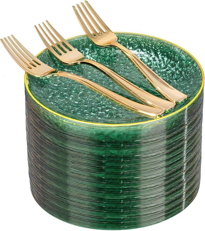 DaYammi 240Pcs Green Plastic Plates Including 120Pcs Dessert Plates and 120Pcs Gold Forks,Hammered Party Plate,Green Gold Appetizer plates Heavy duty Disposable Plastic Plate for Party Birthday Dinner