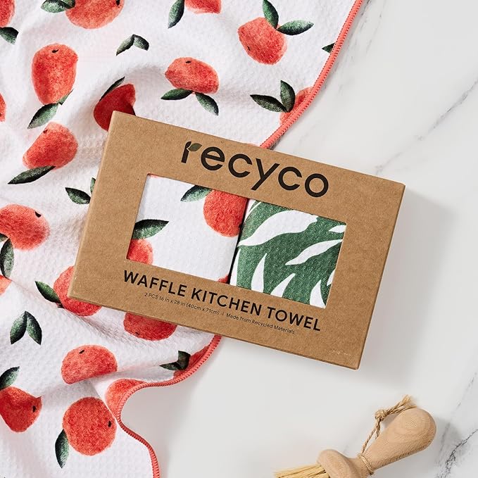 RECYCO Swedish Dishcloths 5 Pack 8" x 7" & Waffle Kitchen Towel Set of 2 16" x 28", Peachy Leaves,