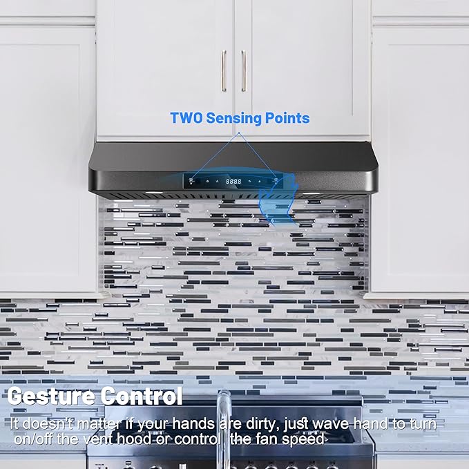 Range Hood 30inch Under Cabinet, 900CFM Black Kitchen Vent Hood with Gesture/Touch Control and Permanent Stainless Steel Filters, Ducted Vent, Top and Rear Vents