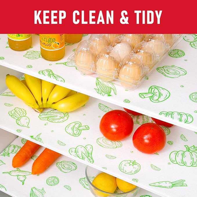 Cooyes Refrigerator Liners, Premium Absorbent Fridge Mats Non-Slip Washable, 12" x 24" Refrigerator Shelf Liners and Mats for Glass Shelves & Kitchen Cabinets, Non-Adhesive(6 PCS Green Veggie)