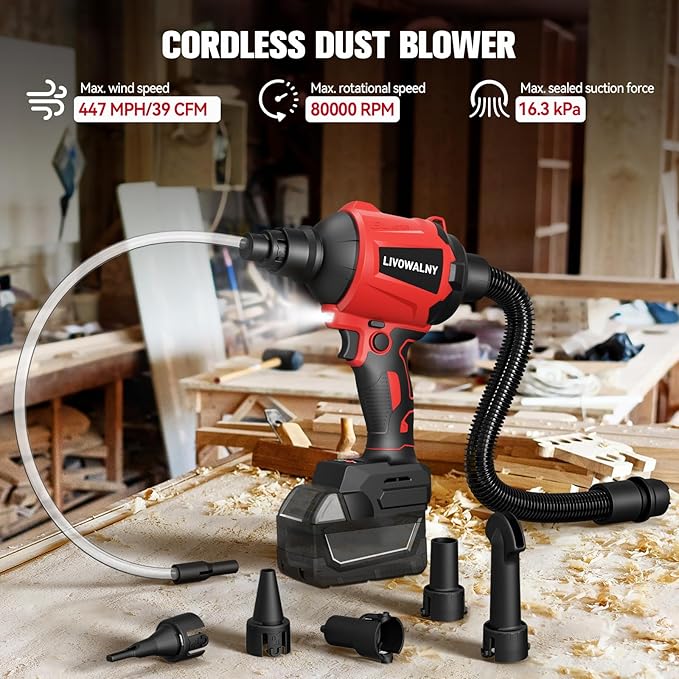 LIVOWALNY Cordless Air Pump Dust Blower Compatible with Milwaukee 18V Battery, Brushless Air Duster Compressed Air Mattress Pump w/ 3 Speeds & 7 Nozzles & 447 MPH/39 CFM for Workshop(Tool ONLY)