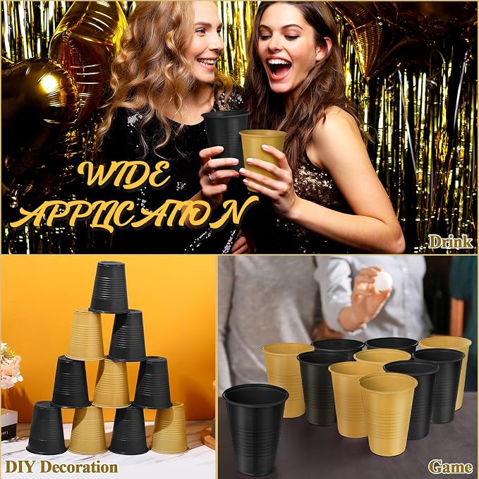 Funnymoom 100 Pcs Black and Gold Plastic Cups, 12 oz Disposable Party Cups for Graduation, Ceremony, Wedding Reception, Birthday Party Supplies