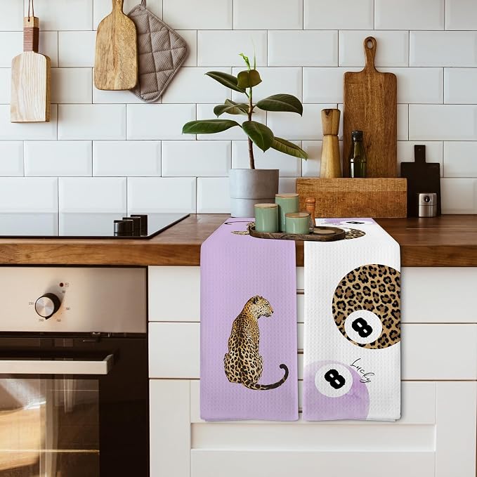 Trendy Leopard Cheetah Print Poker Lucky 8 Ball Bathroom Decor, Preppy Purple Leopard Dorm Decor Dish Hand Towels for Bathroom Kitchen Sets of 2, Cheetah Kitchen Towels and Dishcloths,16x24in