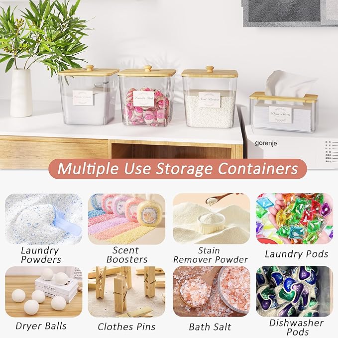 Vincona Laundry Room Organization and Storage, Laundry Pods Container and Dryer Sheet Holder with Bamboo Lids and Labels, Laundry Organizer with Scoops for Booster Beads, Powder, Pods, 3+1 Pack