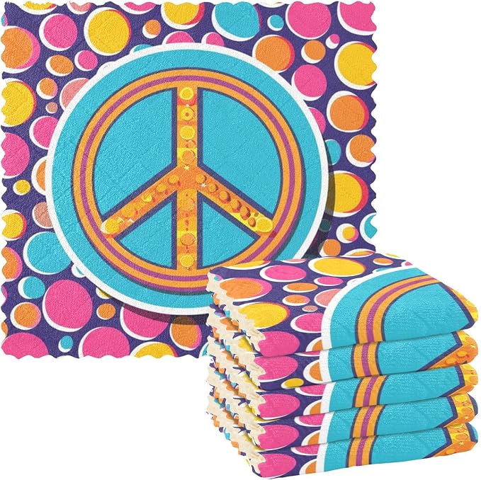 JIPONI 6 Pack Kitchen Dishcloth, Peace Sign Absorbent Kitchen Towels for Dishes, Fast Drying Microfiber Dish Rags, 11x11 inch