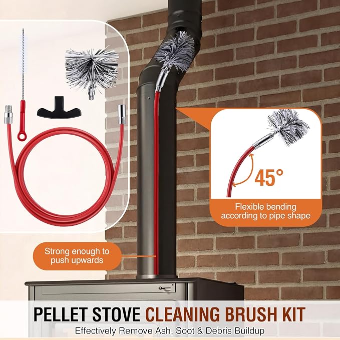 Feekoon Pellet Stove Cleaning Kit, 20 FT Flexible Steel Rod with 4" Brush Head, Flue Detail Cleaner, Pellet Stove Accessories for Vent Pipes Cleaning - Reduce Buildup & Improve Airflow