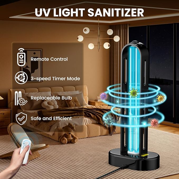 UV Light Sanitizer, Ultraviolet Lamp with Remote Control for Bed Bugs and Dust Mites, Home Disinfection Device UV Lamp for Home, Room & Kitchen, Ultraviolet Light with 3 Speed Timings