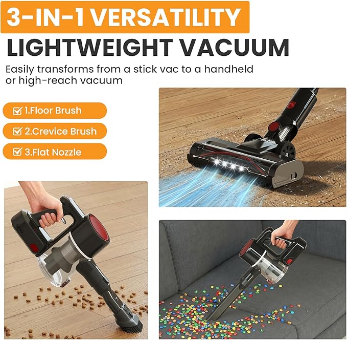 NEWBULIG Cordless Vacuum Cleaner, Removable Stick Vacuum with LED Touch Screen, Self-Standing, 35Mins Runtime, Lightweight Handheld for Pet Hair, Hard Floor, Carpet