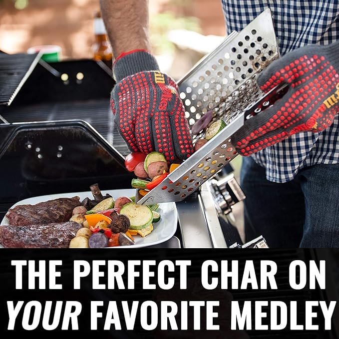Grillaholics Bristle Free Grill Brush + High Heat Grilling Gloves + Vegetable Grill Basket Bundle