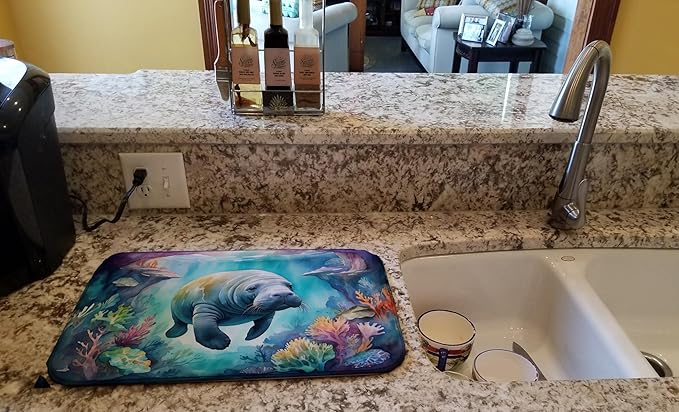 Caroline's Treasures Manatee in a Dreamscape Dish Drying Mat Absorbent Dish Drying Mat Pad for Kitchen Counter Dish Drainer Mat for Countertop, 14 x 21", Multicolor