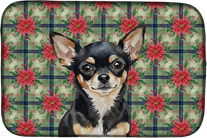 Caroline's Treasures Black and Tan Chihuahua Christmas PoinsettIas Dish Drying Mat Absorbent Dish Drying Mat Pad for Kitchen Counter Dish Drainer Mat for Countertop, 14 x 21", Multicolor