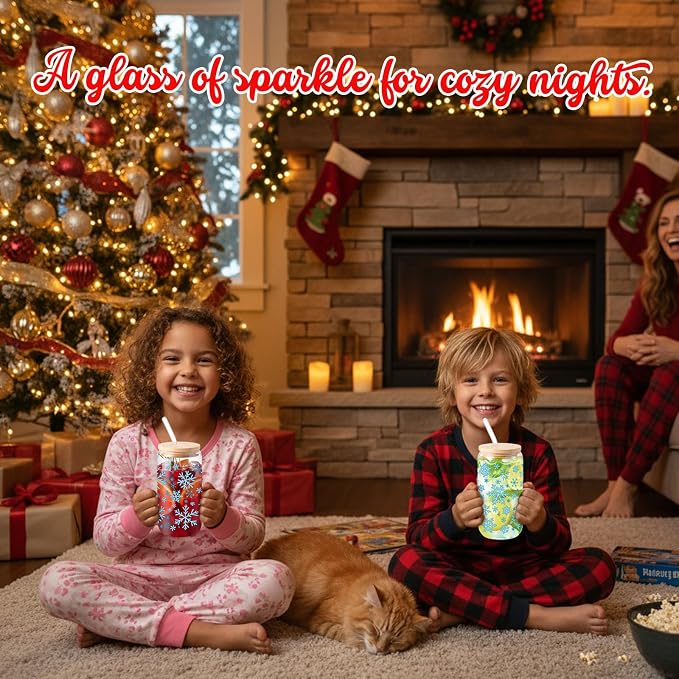 Sliner 2 Pcs Snowflake Glass Cups Christmas Tumbler with Lid Straw Winter Drinking Glasses 16 oz Iced Coffee Cup with Cleaning Brush Beer Can Tumbler Cute Holiday Gifts for Home Office Decorations