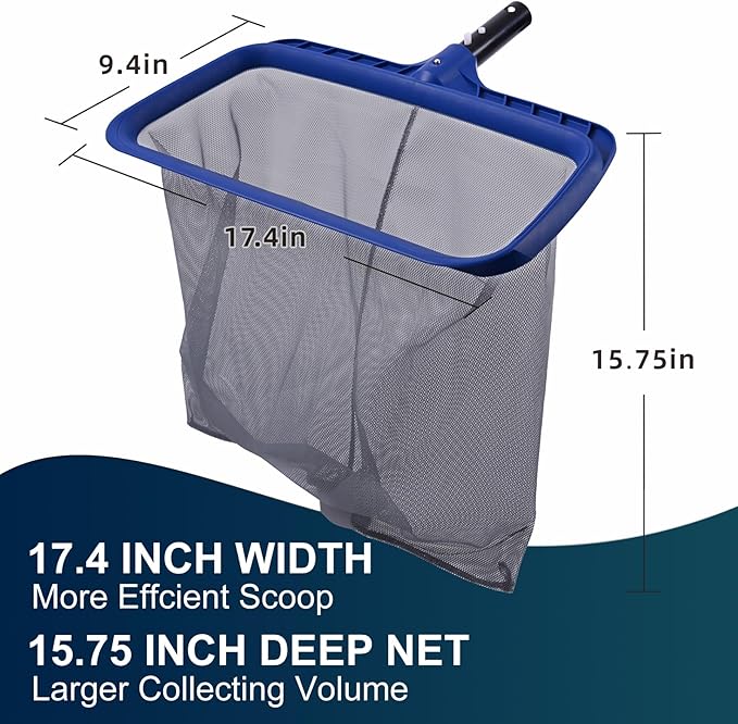 POOLAZA Larger Capacity Pool Net Skimmer with Durable Deep Net & 17.5" Round Ends Pool Brush with Sturdy Aluminum Handle