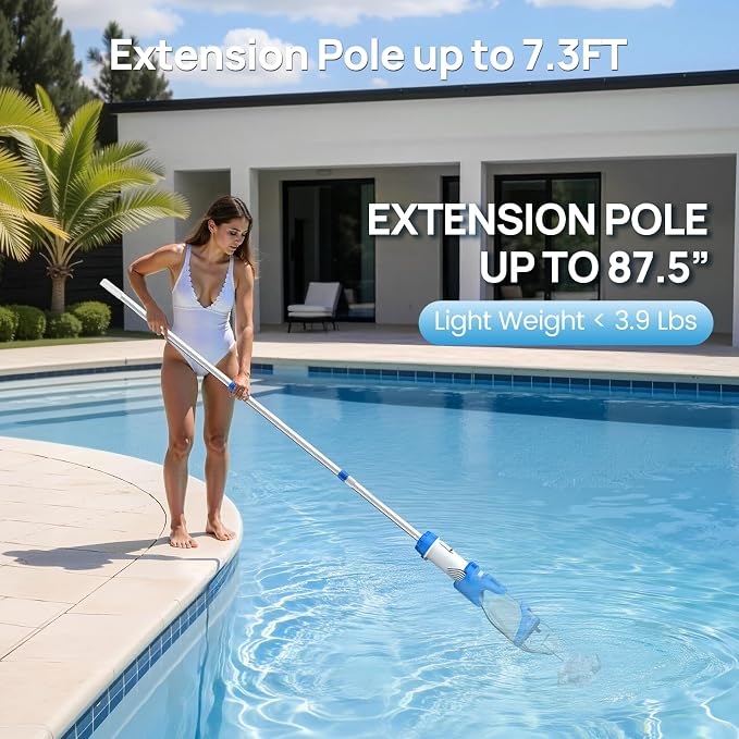 Consciot Pool Vacuum for Above Ground & Inground Pool, 22 GPM Suction Handheld Cleaner with 7.3FT Telescopic Pole, 2L Capacity, 60-Min Runtime, 2 Filters; Ideal for Spa, Hot Tub & Stairs