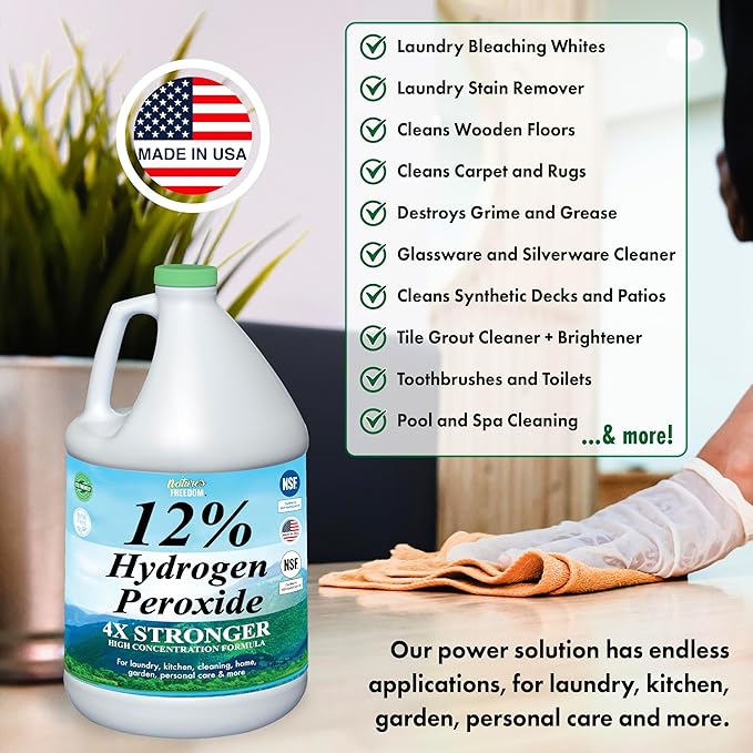 Nature's Freedom 12% Hydrogen Peroxide, NSF Listed, 1 Gallon with “How to Do Everything with 12% Hydrogen Peroxide” Cleaning Book – Pure H2O2 for Home & Surface Cleaning