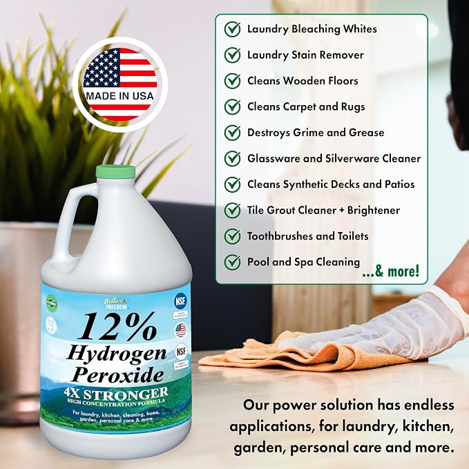 Nature's Freedom 12% Hydrogen Peroxide, Food Grade H2O2 and Purified Water Only, NSF Listed, 4 Gallons Solution