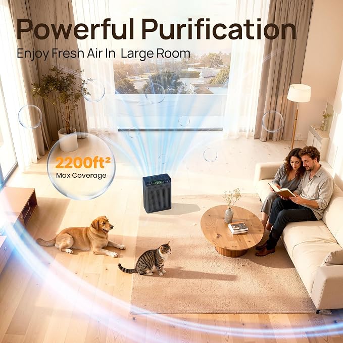 Air Purifiers for Home Large Room up to 2200sq.ft, EVALIT Air Purifier for Bedroom with PM2.5 Air Quality Display and Fragrance, HEPA Filter for Pet Hair Odors Smoke Dust,Graphite, 1Pack