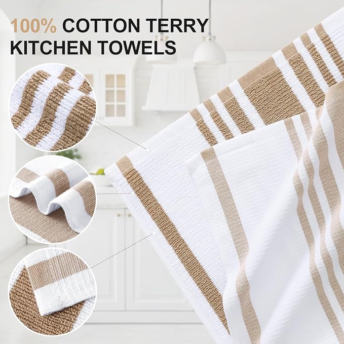 Homaxy Premium Kitchen Towels 18”x 28”, Large Cotton 380 GSM Kitchen Hand Towels, Stripe and Terry Dish Towel, Highly Absorbent Tea Towel Set with Hanging Loop, 3 Pack, Khaki