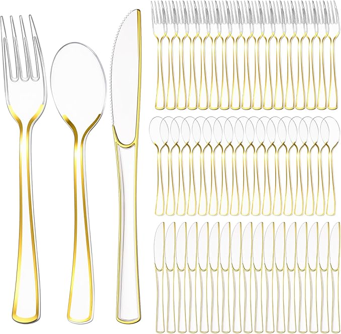 Minatee 150 Pcs Gold Plastic Silverware, Clear Disposable Cutlery Set Heavy Duty Utensil Sets 50 Forks 50 Knives 50 Spoons for Birthday Party Home Office School Picnics Restaurant Outdoor Events