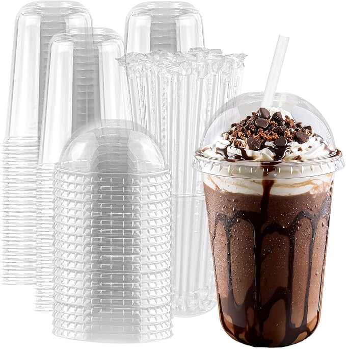 Qsqwsuye 100 Set 16oz Disposable Clear Plastic Cup with Lids and Straws, Sturdy & Food Safe Iced Coffee Cups, Plastic Cold Drinks Cups for Smoothie, Milk Tea, Assorted Beverages Party Supplies