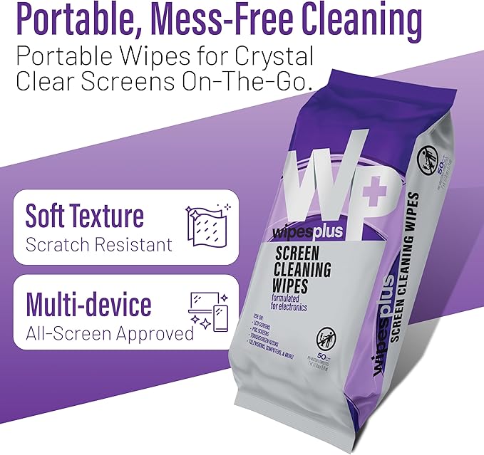 WIPESPLUS Screen Cleaning Wipes Electronic Cleaning Wipes with Alcohol for Home and Business, 1200 Count, (24 Packs of 50)