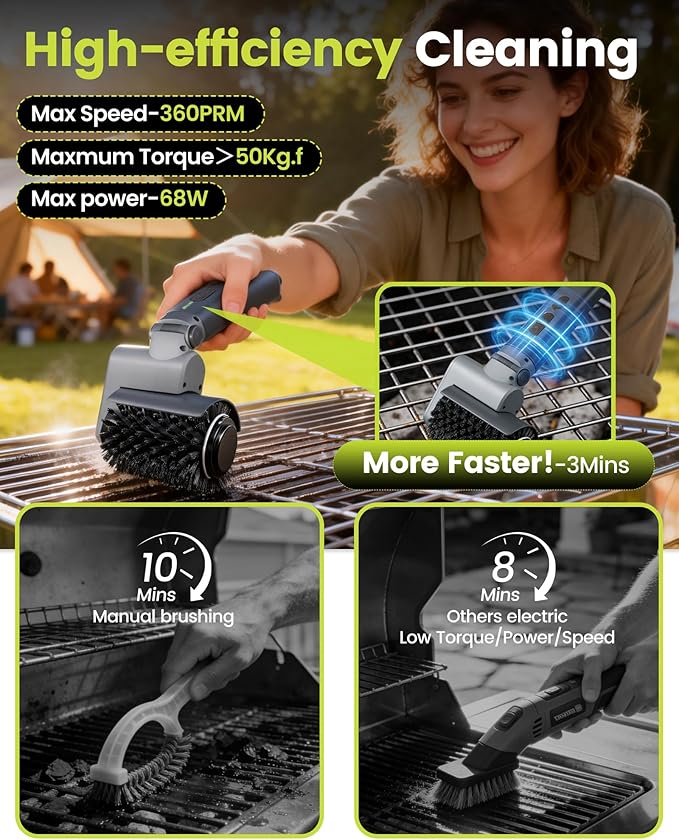 3-in-1 Electric Grill Brush for Outdoor Grill, Cordless Rechargeable BBQ Grill Cleaning Brush with Adjustable 3 Speeds,1.5HR Runtime, IPX7 Waterproof, Heat Resistant - Valentine Gifts for Men