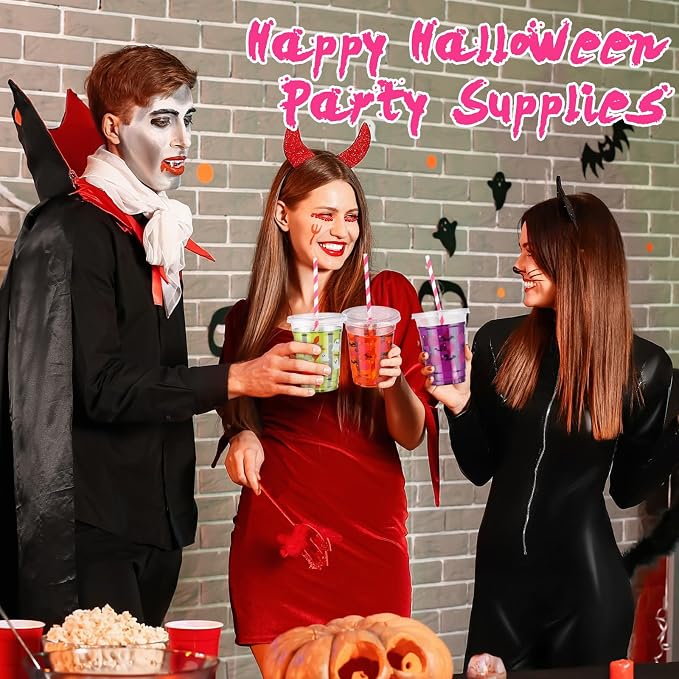 Yaomiao 300 Pcs 12 oz Halloween Plastic Cups with Lids and Straw Halloween Plastic Cup Disposable Clear Tumbler Whiskey Tumbler Pink Pumpkin Ghost Bat Witch Drinking Set for Party Supply