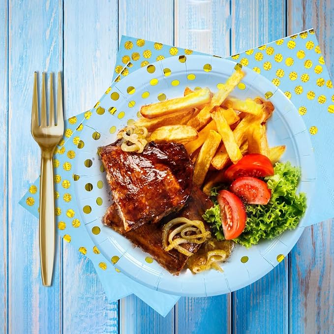 150 PCS Blue and Gold Paper Plates Napkins Forks Party Supplies Serves 50, Golden Dot Disposable Paper Dinnerware 9" Plates for Birthday, Baby Shower, Boy Birthday