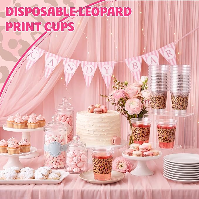 Qinyoung 50 Pcs Hot Pink Leopard Print Plastic Cups Cheetah Animal 12oz Disposable Cups Bulk Drinking Cup for Cold Drinks Baby Shower Wedding Birthday Animal Cheetah Print Party Supplies