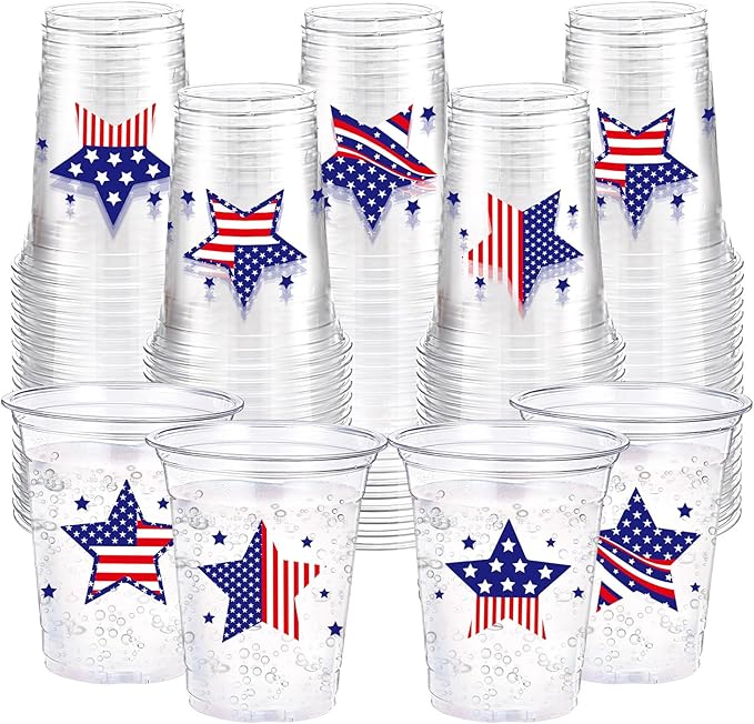 100 Pcs 4th of July Patriotic Plastic Cups 12 oz American Flag Disposable Plastic Red Blue and White Drinking Cups Bulk for Independence 250th Anniversary USA Party Decoration Supplies