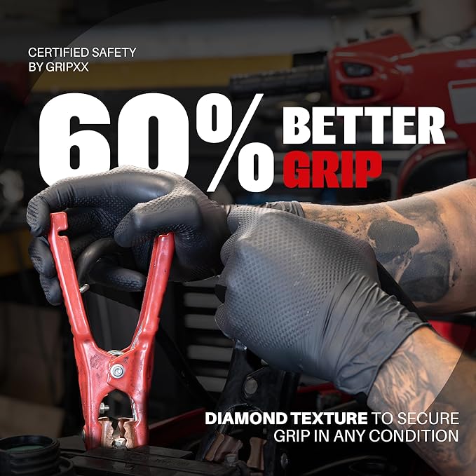 GRIPXX Herkules Grip Heavy Duty 8Mil Black Nitrile Gloves,3D Raised Diamond Texture-Latex & Powder-Free Industrial, Mechanic