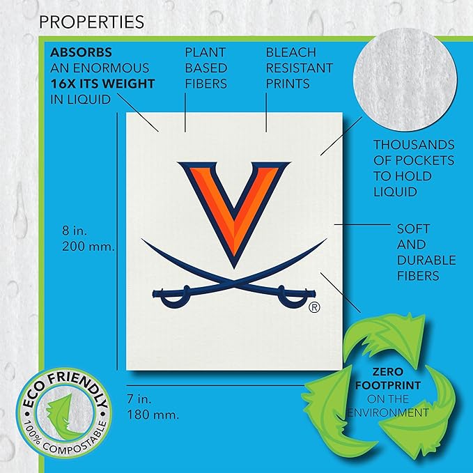 University of Virginia- 3 Pack Swedish Dishcloths- Reusable Kitchen Towels for Dishwashing and Home Cleaning- Eco-Friendly Alternative to Paper Towels- Machine Washable and Dryer Safe