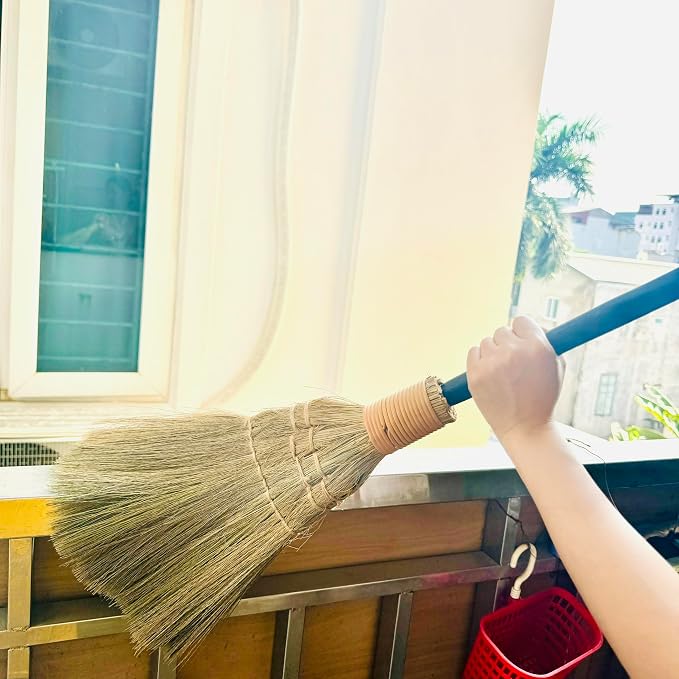 Vietnamese Straw Soft Black Broom for Cleaning with Long Handle Broom- Broom Decorative 9.45'' Width, 45.28" Length