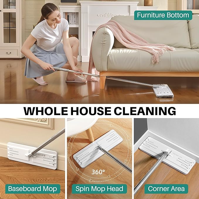 JOYMOOP Mop and Bucket Set, Hands-Free Flat Floor Mop and Bucket, 5 Washable Microfiber Pads, Wet and Dry Use, Ideal for Household and Commercial Floor Cleaning