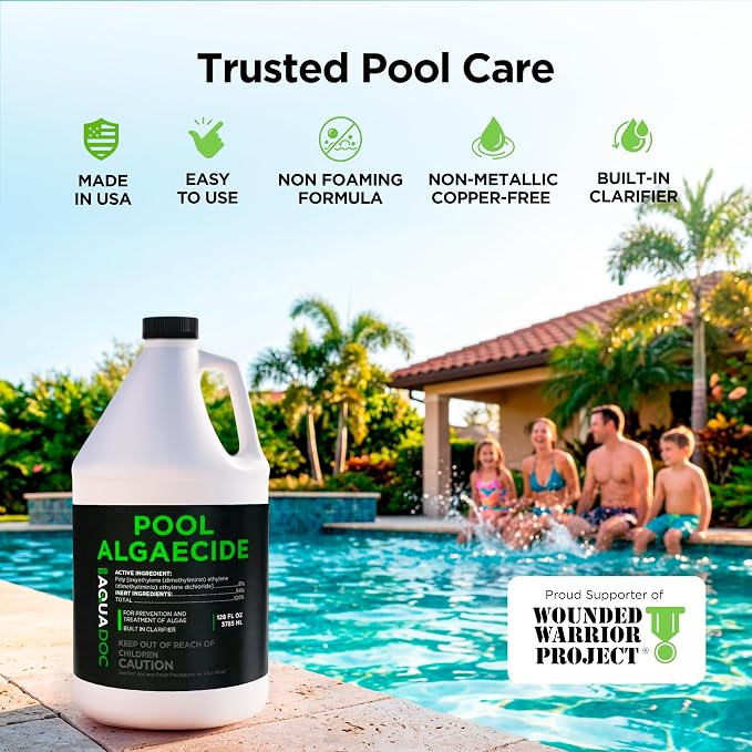 AquaDoc Liquid Algaecide for Swimming Pools - 128 oz - Treats Up to 10,000 Gallons - Non-Foaming, Copper-Free Formula for Pool Algae Control with Built-in Clarifier - Made in USA