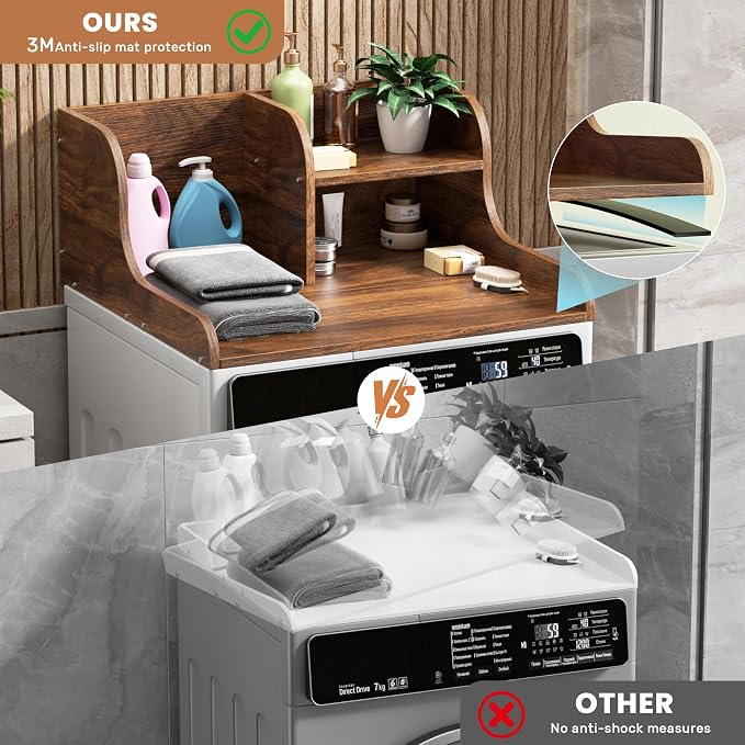 DTK Washer Dryer Countertop with Shelf,27.5" D x 27" W x 11.8" H Wood Countertop for Washer and Dryer,Laundry Countertop with Anti-Slip Strips and Edge Rails,Dryer Countertop for Laundry Room(Walnut)