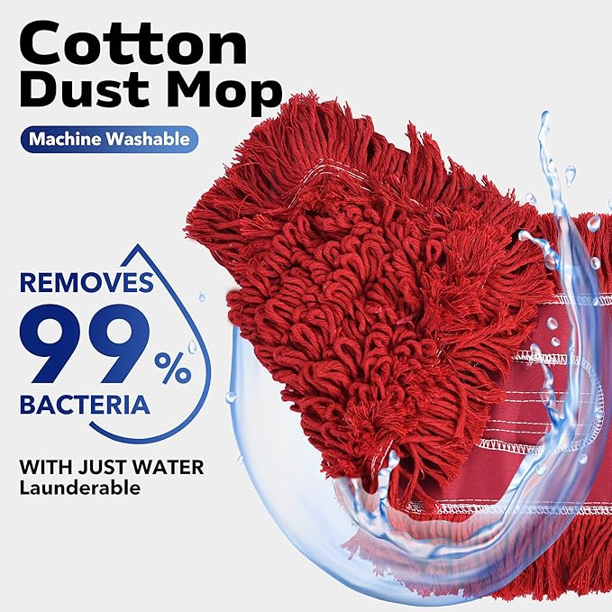 Matthew Cleaning 24'' Industrial Strength Cotton Dust Mop Refill Washable Replacement Heads for Residential & Commercial Use Fit Standard Dust Mop Frames, Hardwood,Concrete Floors Red 12 Pack