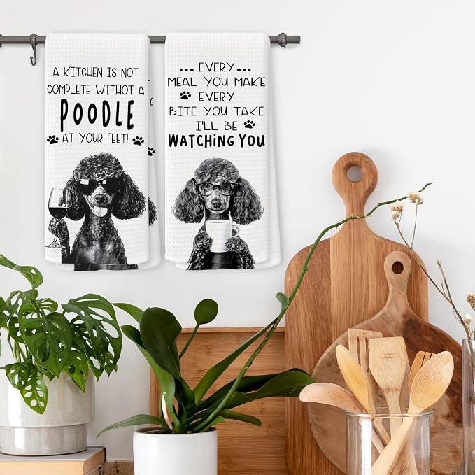 Funny Black Poodle Dog Kitchen Towels 16x24 Inch Set of 2 | Poodle Lovers Gifts for Women Men Dish Tea Towels for Kitchen, Dog Lover Mom Dad Owner Gifts Decorative Hand Towel