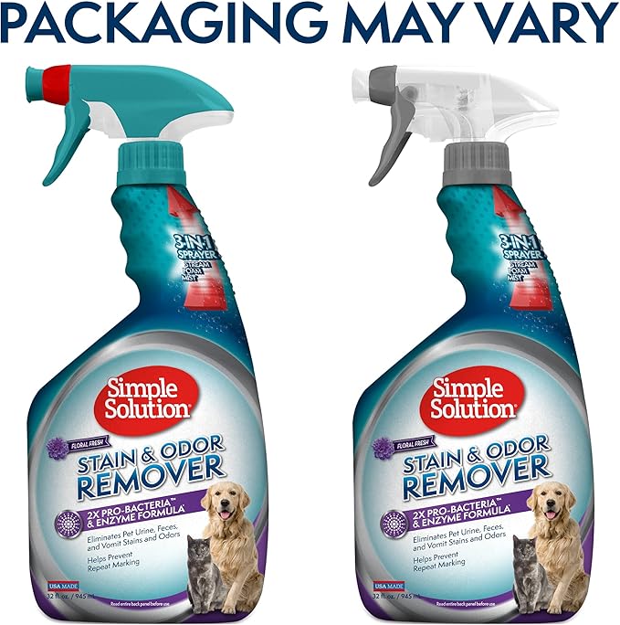 Simple Solution Stain & Odor Eliminator for Pets, Dog Stain Remover, Cat Urine Cleaner, Carpet Deodorizer, Pet Odor Eliminator for Home, Urine Destroyer, Carpet Cleaner Spray, Fresh Floral, 32 oz