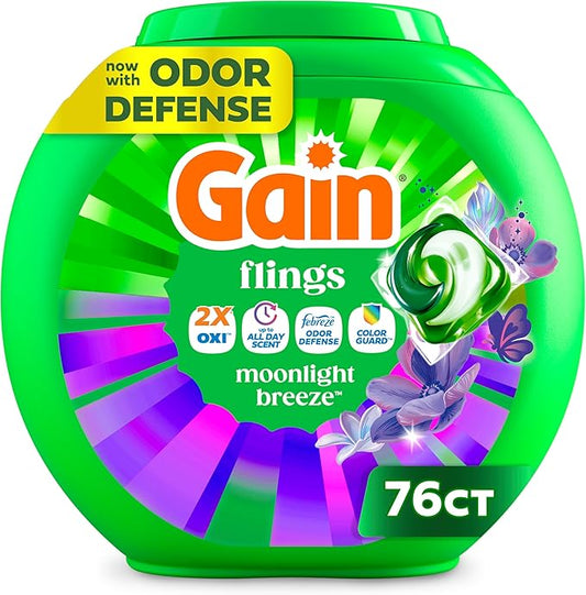 Gain Flings Liquid Washing Detergent Pods with Odor Defense + Color Guard, Moonlight Breeze Scent, 4-In-1 Liquid Laundry Detergent Pacs, Clean & Fresh, 76 Count (Packaging May Vary)
