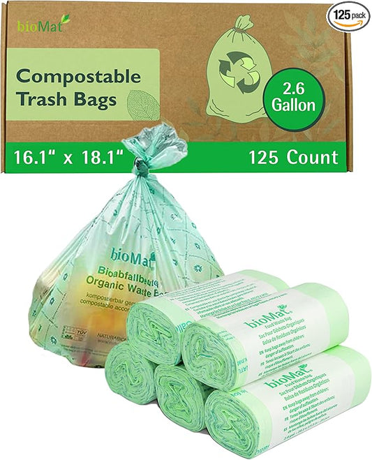 bioMat Compostable Trash Bags 2.6 Gallon, 125 Count, Small flat top Kitchen Food Scrap Bin Liners, BPI, CMA and OK Compost HOME certified, Meets the ASTM D6400 Standard