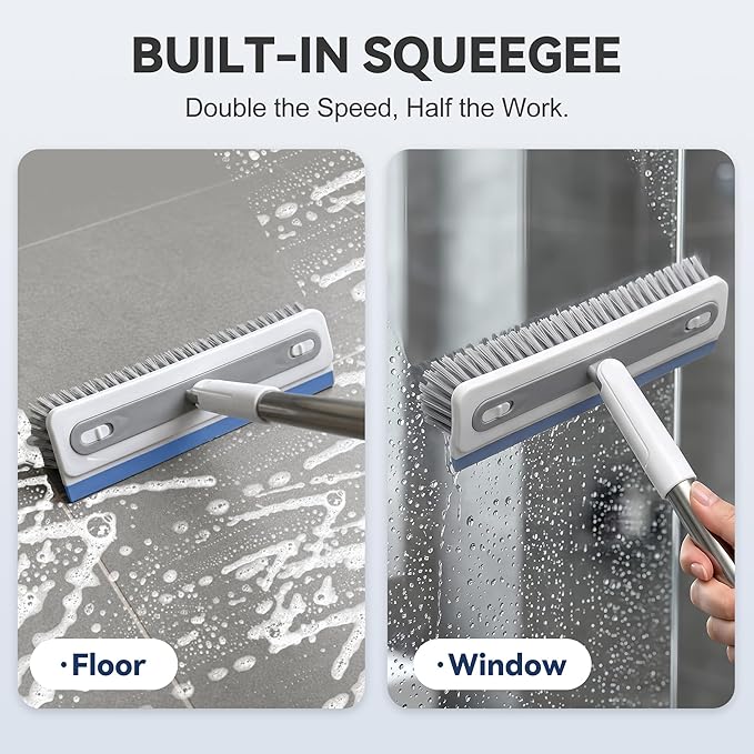 3 in 1 Floor Scrub Brush with Long Handle, Household Push Broom with V-Shaped Stiff Bristles, Detachable Head with Squeegee and Tweezer, Heavy Duty Scrubber Deck Brush for Bathroom Tile Patio Garage