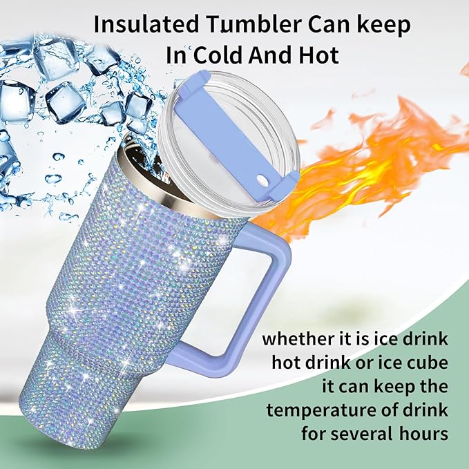 HWISDMIG 40oz Tumbler with Handle-Glitter Rhinestones Tumbler Bling Cups Stainless Steel Water Bottle Diamond Studded Tumbler for Women-Birthday Gifts for Women, Mom, Girlfriend (Light Lilac)