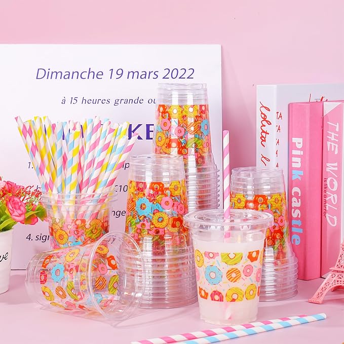 FYSUIMU 50Pcs 12Oz Donut Plastic Cups with Lids & Straws Sweet Doughnut Disposable Clear Drinking Cups for Summer Birthday Baby Shower Party Supplies
