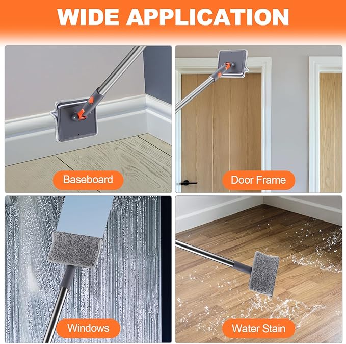 Baseboard Cleaner, PLOEOUAR Convex Duster Cleaning Mop with 63'' Long Handle, 360° Rotatable Adjustable Mop with 6 Reusable Pads for Baseboards Cleaning, Door Frame, Windows & Ceiling